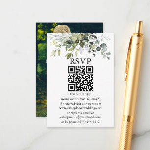 Watercolor Greenery Photo QR Wedding RSVP Enclosure Card
