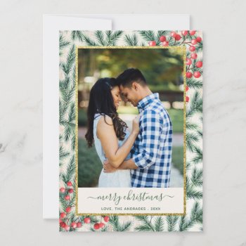 Watercolor Greenery Photo Simple Merry Christmas Holiday Card by rua_25 at Zazzle