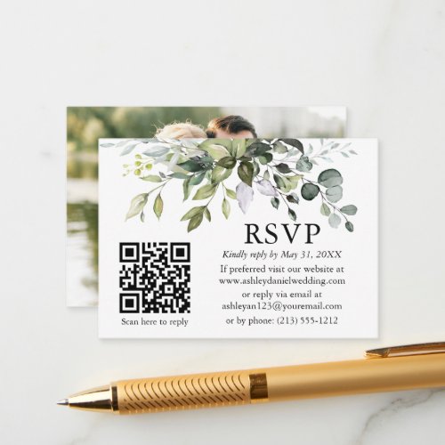 Watercolor Greenery Photo Wedding QR RSVP  Enclosure Card