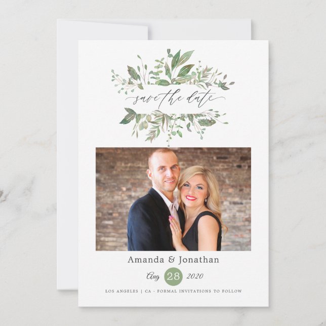 Watercolor Greenery Photo Wedding Save The Date (Front)
