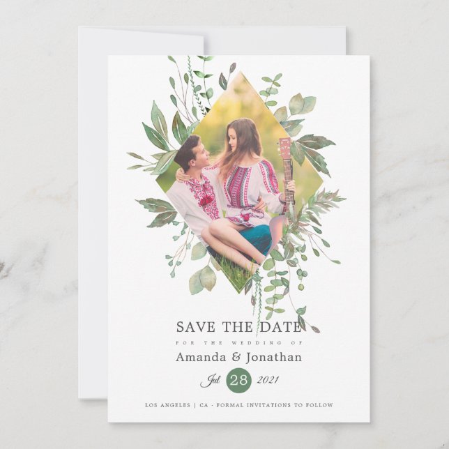 Watercolor Greenery Photo Wedding Save The Date (Front)