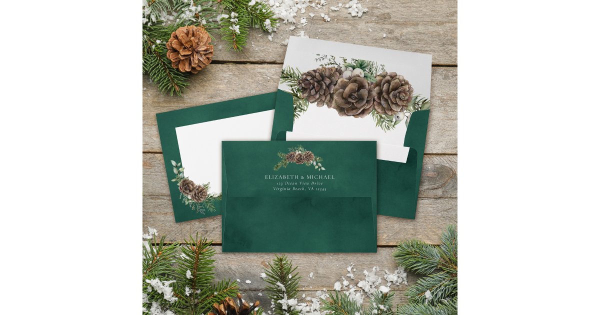 Watercolor Greenery Pine Cone Winter Wedding Envelope | Zazzle