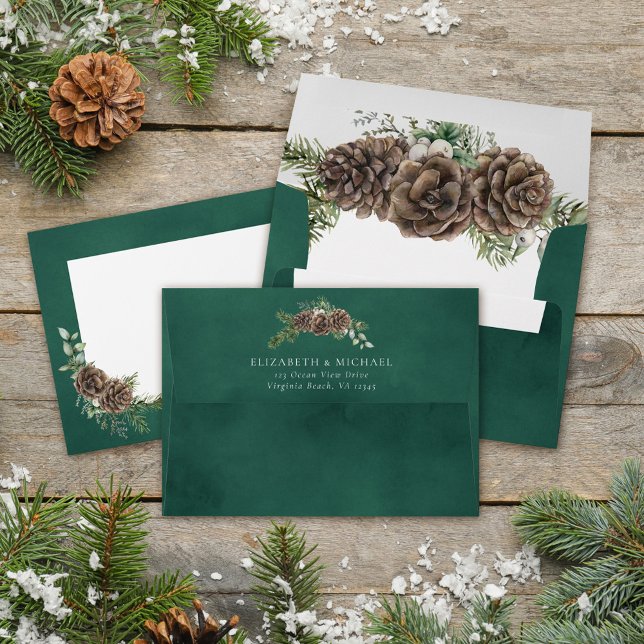 Watercolor Greenery Pine Cone Winter Wedding  Envelope (Creator Uploaded)