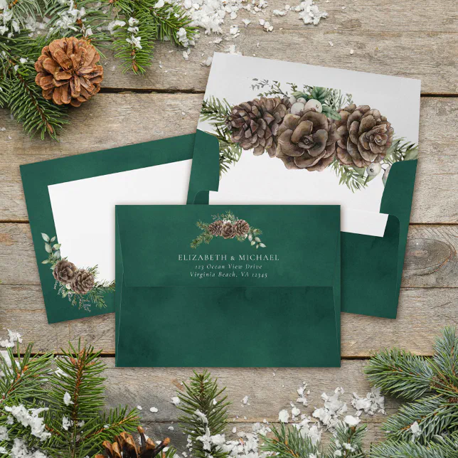 Watercolor Greenery Pine Cone Winter Wedding Envelope | Zazzle