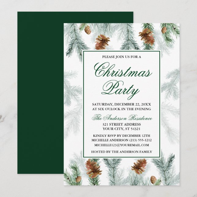 Watercolor Greenery Pine Cones Christmas Party Invitation (Front/Back)