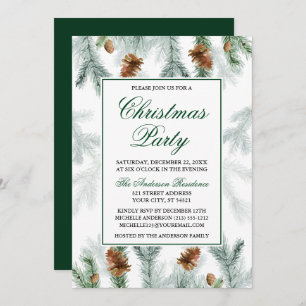 Watercolor Greenery Pine Cones Christmas Party Invitation