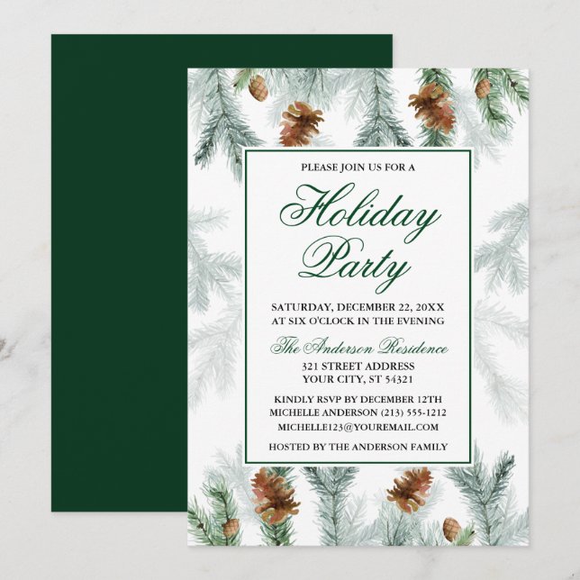 Watercolor Greenery Pine Cones Holiday Party Invitation (Front/Back)