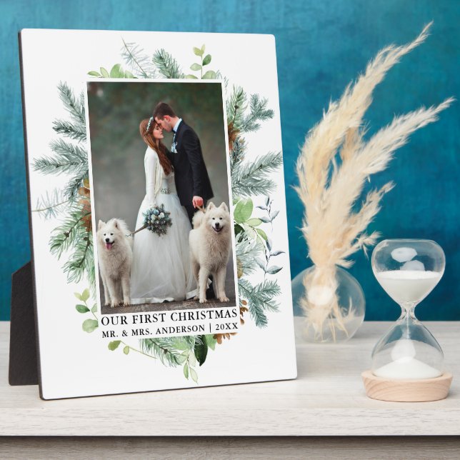 Watercolor Greenery Pine Our First Christmas Photo Plaque (Side)