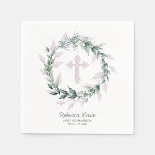 Watercolor Greenery Pink Cross First Communion Napkins