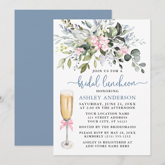 Watercolor Greenery Pink Dusty Blue Bridal Lunch Invitation (Front/Back)
