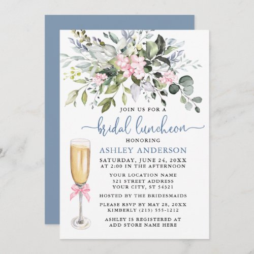 Watercolor Greenery Pink Dusty Blue Bridal Lunch Invitation