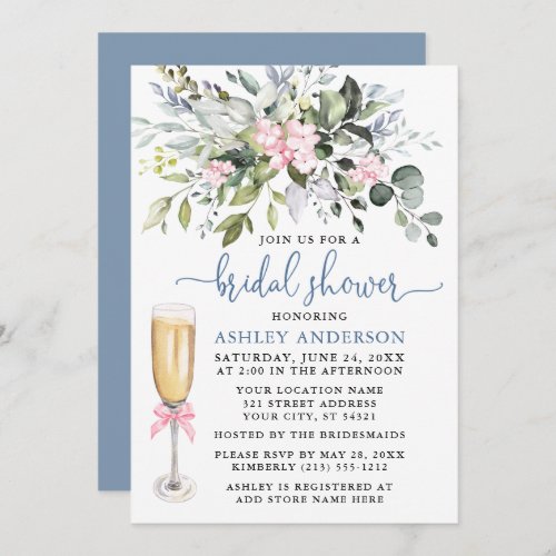 Watercolor Greenery Pink Dusty Blue Bridal Shower Invitation