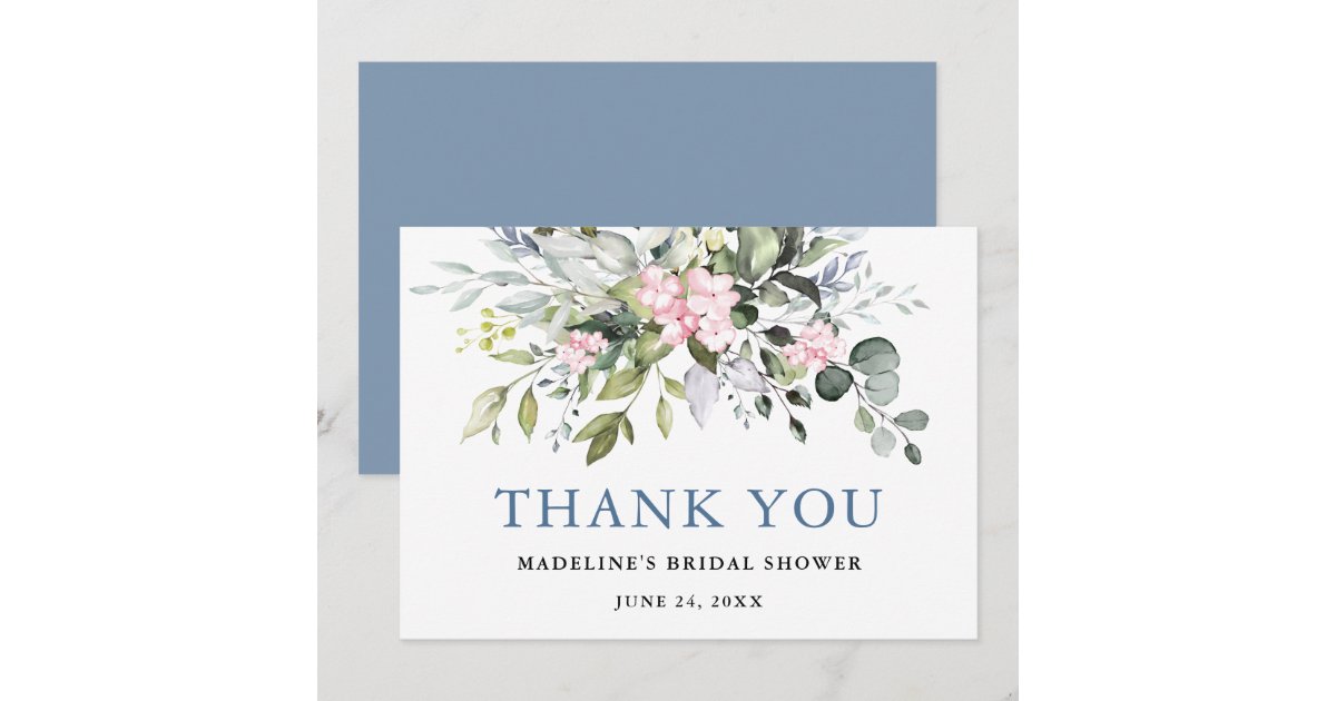 Watercolor Greenery Pink Dusty Blue Bridal Shower Thank You Card | Zazzle