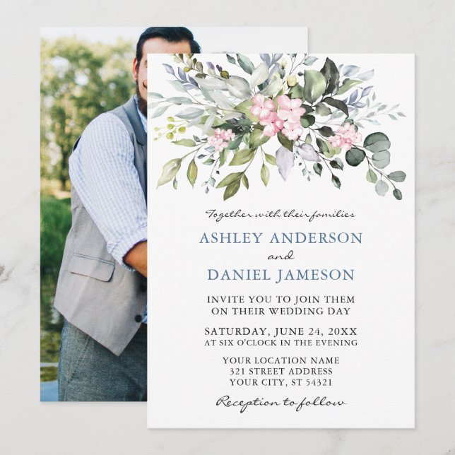 Watercolor Greenery Pink Dusty Blue Photo Wedding Invitation (Front/Back)
