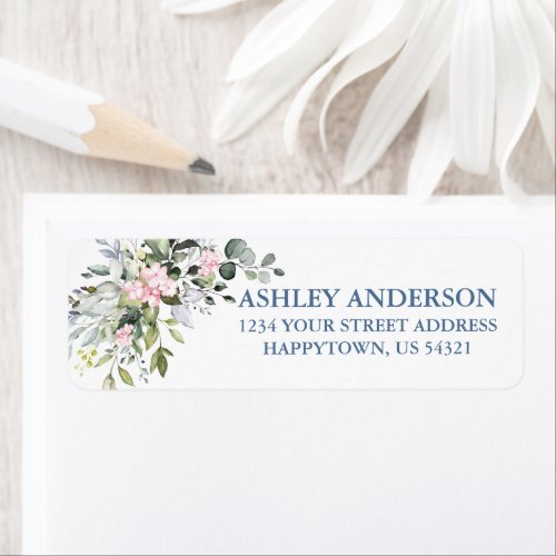 Watercolor Greenery Pink Dusty Blue Return Address Label