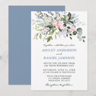 Watercolor Greenery Pink Dusty Blue Wedding Invitation