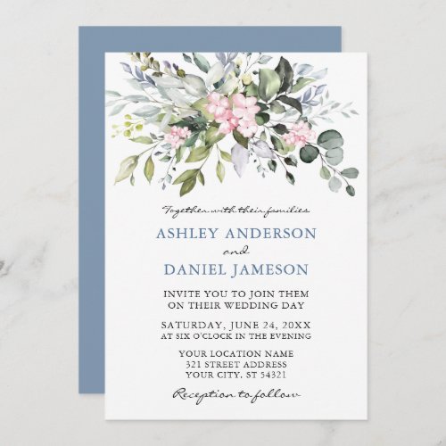 Watercolor Greenery Pink Dusty Blue Wedding Invitation