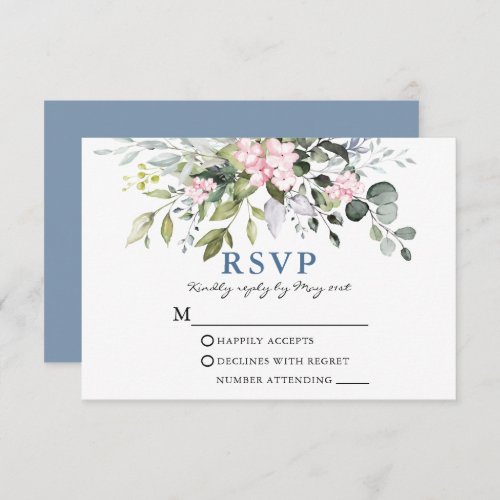Watercolor Greenery Pink Dusty Blue Wedding RSVP Card