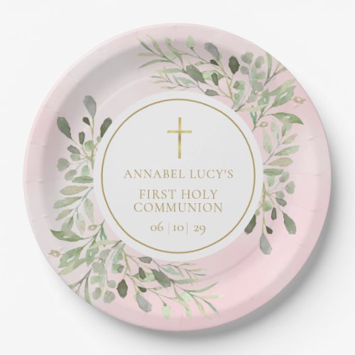 Watercolor Greenery Pink First Holy Communion Paper Plates