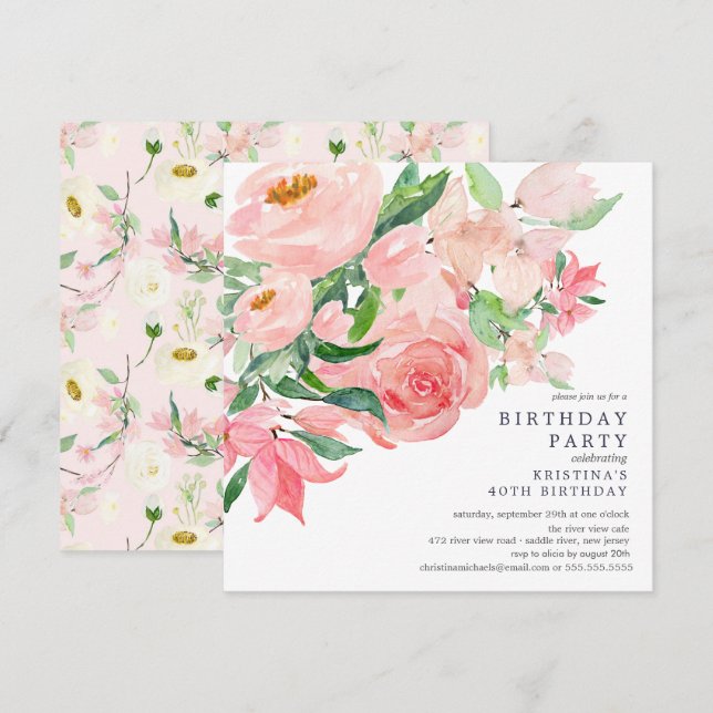 Watercolor Greenery & Pink Floral Birthday Party I Invitation (Front/Back)