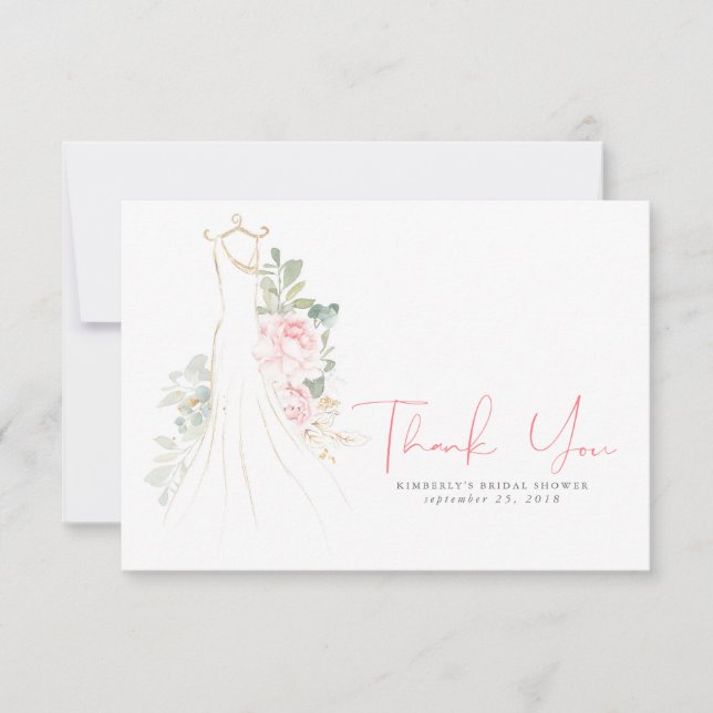 Watercolor Greenery Pink Floral Dress Thank You Card (Front)
