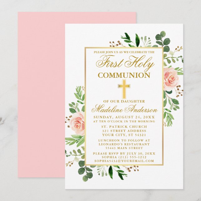 Watercolor Greenery Pink Floral First Communion Invitation (Front/Back)