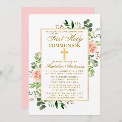 Watercolor Greenery Pink Floral First Communion Invitation