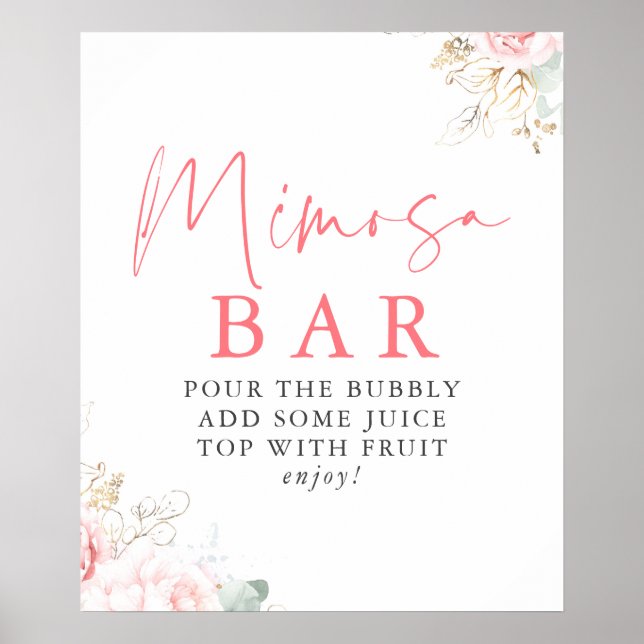 Watercolor Greenery Pink Floral Mimosa Bar Sign (Front)