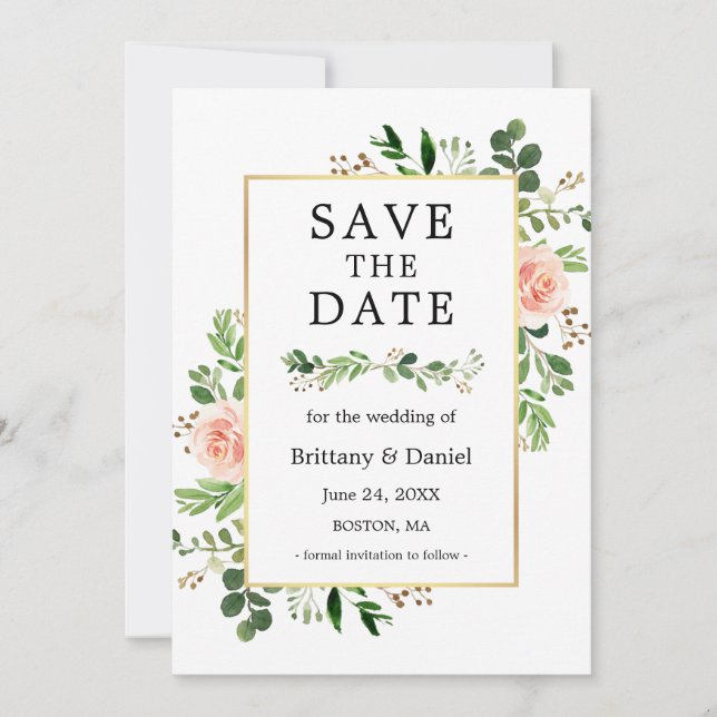 Watercolor Greenery Pink Floral Save The Date Card (Front)