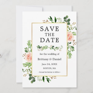 Watercolor Greenery Pink Floral Save The Date Card