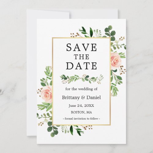 Watercolor Greenery Pink Floral Save The Date Card