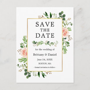 Watercolor Greenery Pink Floral Save The Date Postcard