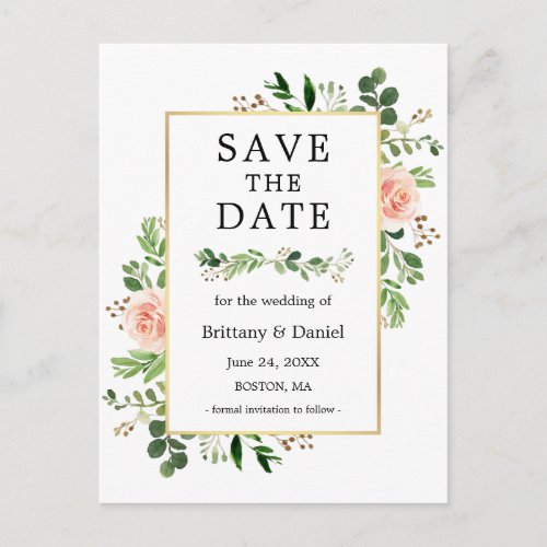 Watercolor Greenery Pink Floral Save The Date Postcard