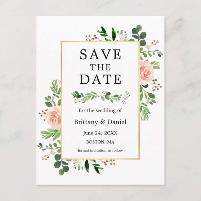 Watercolor Greenery Pink Floral Save The Date Postcard (Front)