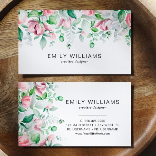 Watercolor Greenery Pink Flowers Business Card