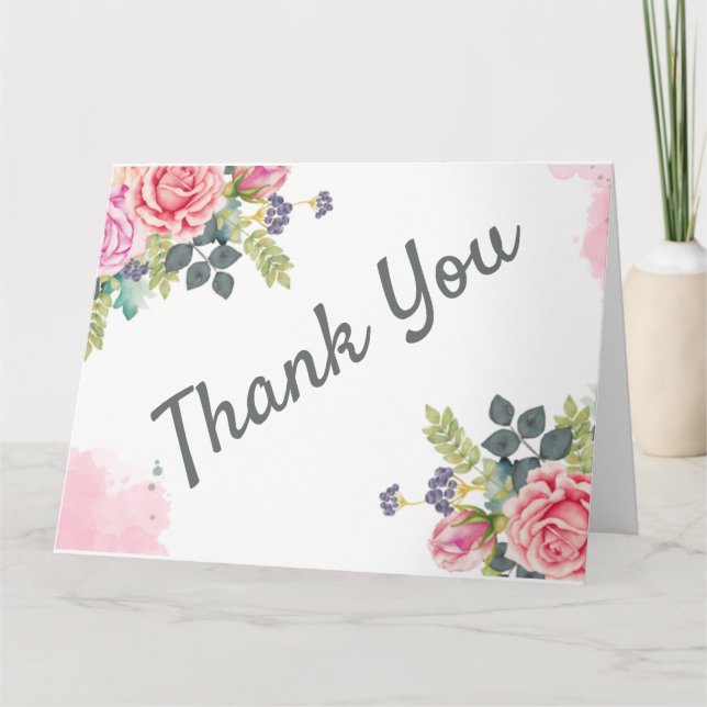 Watercolor Greenery Pink Flowers Card (Front)