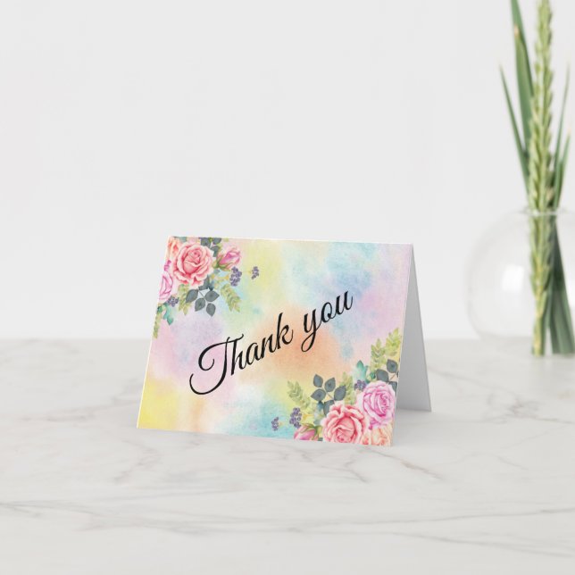 Watercolor Greenery Pink Flowers Note Card (Front)