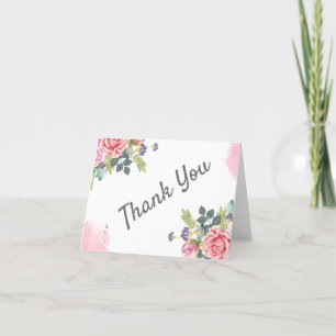 Watercolor Greenery Pink Flowers  Thank You Card