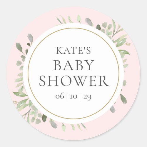 Watercolor Greenery Pink Girl Baby Shower Classic Round Sticker
