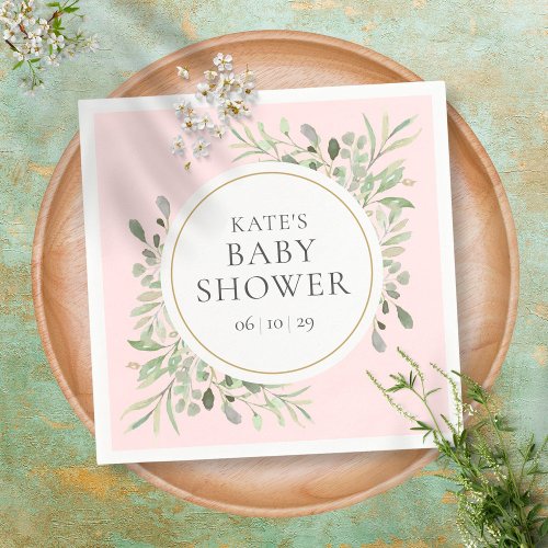 Watercolor Greenery Pink Girl Baby Shower Napkins