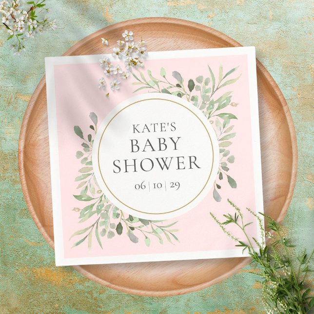 Watercolor Greenery Pink Girl Baby Shower Napkins (Creator Uploaded)