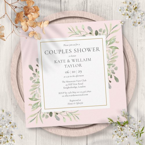 Watercolor Greenery Pink Girl Couples Baby Shower Invitation