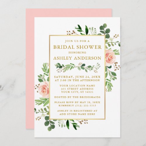 Watercolor Greenery Pink Roses Bridal Shower Gold Invitation