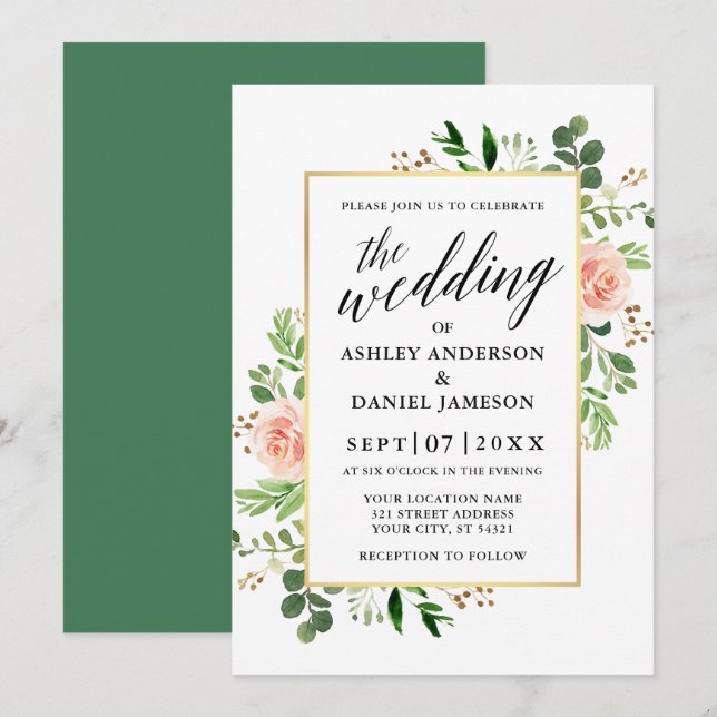 Watercolor Greenery Pink Roses Calligraphy Wedding Invitation (Front/Back)