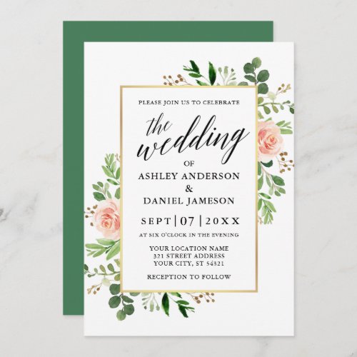 Watercolor Greenery Pink Roses Calligraphy Wedding Invitation