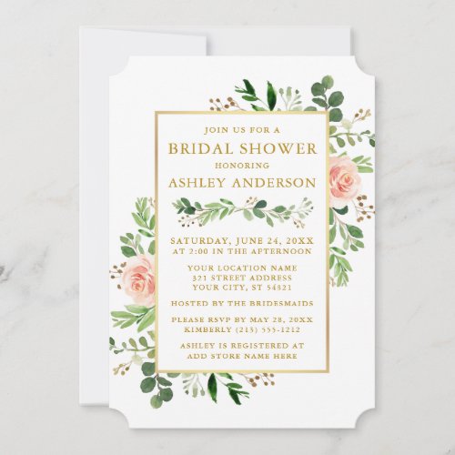 Watercolor Greenery Pink Roses Gold Bridal Shower Invitation