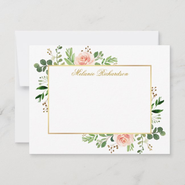 Watercolor Greenery Pink Roses Gold Personalized Note Card