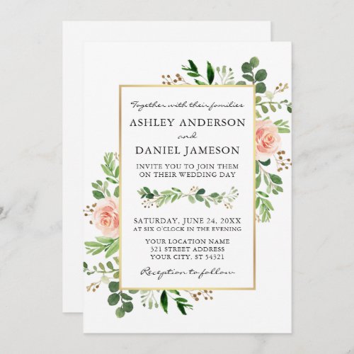Watercolor Greenery Pink Roses Gold Photo Wedding Invitation