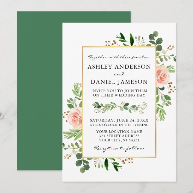 Watercolor Greenery Pink Roses Gold Wedding Invitation (Front/Back)