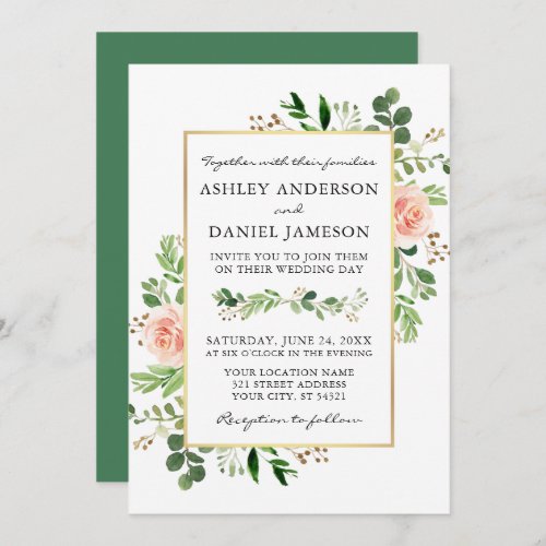 Watercolor Greenery Pink Roses Gold Wedding Invitation